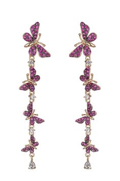 These Sienna 18K Gold Plated Pink Cubic Zirconia Butterfly Earrings will have you flying high! Not only are they fun and fluttery, but they are also sparkling with pink cubic zirconia! Plus, the double-tier design gives these beauties a delightful purple hue that you won't be able to resist! #livingmybutterflydreams Product Details: Base Metal: Brass Stones: Cubic Zirconia Measurements: 2.5” Drop Closure: Pushback Tarnish-Free Luxury Pink Festive Earrings, Ear Drops, Butterfly Fashion, Flying High, Jewellery Ideas, Fancy Jewelry, Purple Hues, Girly Jewelry, Butterfly Earrings