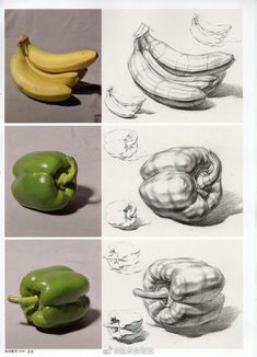 four different stages of drawing peppers and bananas