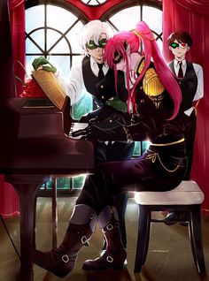 two anime characters are sitting at a piano