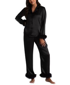 in stock Fur Pajamas, Black Satin Fabric, Satin Pajama Set, Black Pajamas, Satin Pajama, Feather Trim, Satin Pyjama Set, Loungewear Women, Satin Pajamas