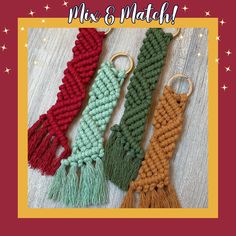 three crocheted keychains with tassels on them and the words mrs & match