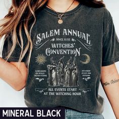 Halloween Shirt, Salem Witch Convention Tshirt, Vintage Halloween Shirt Witch T Shirts, Witch Shirts For Women, Black Halloween T-shirt With Text Print, Halloween Cotton T-shirt With Text Print, Black Soft-washed Short Sleeve Shirt, Halloween Graphic Print Relaxed Fit T-shirt, Grunge T-shirt For Fall Fan Merchandise, Halloween Cotton T-shirt With Letter Print, Halloween Band Merch T-shirt Relaxed Fit