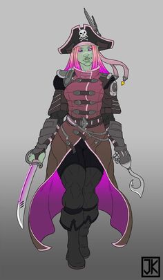 a drawing of a female character with pink hair and black clothes, holding two swords