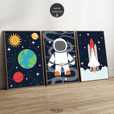 three space themed wall art prints with an astronaut on the moon, earth and rocket ship