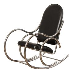 a black leather rocking chair with chrome frame