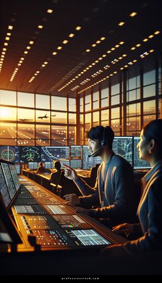 two people are sitting at a control room