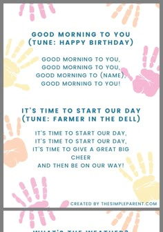 two greeting cards with hand prints and the words good morning to you tune happy birthday