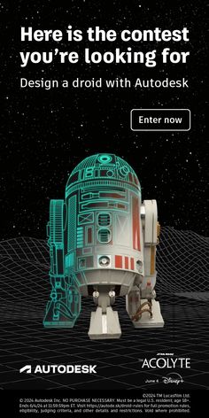 an ad for the autodesk website with a star wars robot in front of it