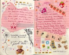 an open notebook with writing and stickers on the pages, including teddybear