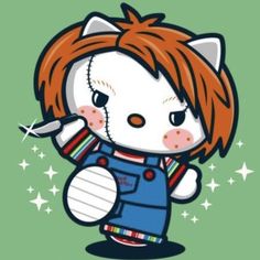 a cartoon character with red hair and overalls is holding a knife in her hand