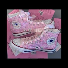 Welcome, Luminous Pink Opal Crystal & White Crystal Converse, Strong And Permanent Design With Luxe Crystals And Additional Ribbons Laces, Hightop Converse New With Box Comes With White Ribbon Laces And Original Laces Women’s Sizes In Usa Sizing Choose Any Colour(S) Stones From The Chart Add To Bundle To Discuss Colour Changes Or Mixes Will Be Sent With Baby Pink Ribbon Laces Unless Any Changes Are Made Text Can Be Added Style Pictured; Original High Top Converse Red\Blue Stripe Styles Available Pink Bling Converse, Sweet 16 Sneakers, Sweet 16 Shoes, Bedazzled Converse, Womens White Converse, Sparkly Converse, Rhinestone Converse, Pink Opal Crystal, Bedazzled Shoes Diy