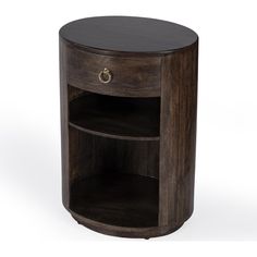 a round wooden table with two shelves on one side and an open shelf on the other