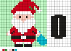 a cross stitch pattern with a santa clause holding a blue object in one hand and the number 10 on the other