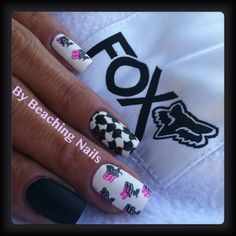 Fox Racing Nails  Nail Art Dirt Bike Nails, Bike Nails, Nails Short French Tip, Hunting Nails, Short French Tip Acrylic Nails, Nails Short French, Cowgirl Nails