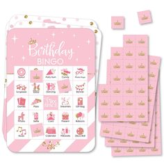 a pink birthday party game with gold foil on the front and back, surrounded by princess themed