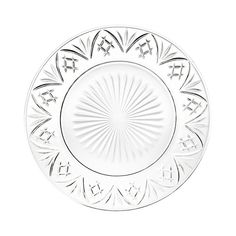 a glass plate with an intricate design on it's rim, in the shape of a sunburst