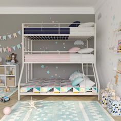 two bunk beds in a child's bedroom with stars on the wall and rug