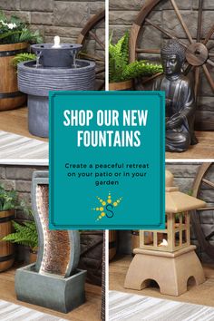 Four very different gorgeous outdoor fountains are displayed on a patio. Water Bubbles, Sun Sets, New Products, Outdoor Space, Oasis