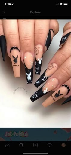 Black Nail Inspo 2024, Witchcraft Stuff, Bandana Nails, Acrylic Nail Designs Coffin, Kutek Disney, Fake Nails Designs, Bunny Nails, Cow Nails, Punk Nails