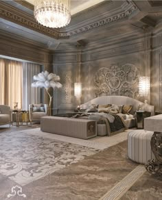 a luxurious bedroom with chandelier, sofa and bed in the middle of it