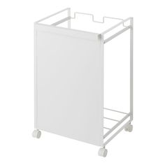 a white cart with wheels and a handle on the front, is shown against a white background