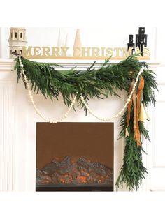 a fireplace decorated for christmas with garland and lights