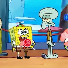 spongebob and his friends are in the living room with one another holding a lollipopo