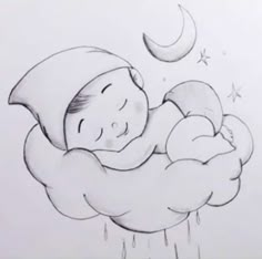 a drawing of a baby sleeping on top of a cloud