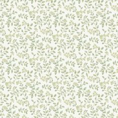 a white wallpaper with green leaves on it