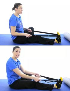 a woman is sitting on the floor with her legs crossed and holding onto an exercise mat