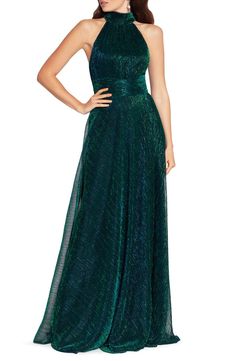 Betsy & Adam Metallic Sleeveless Halter Neck Open Back Gown | Nordstrom Prom Dress Halter Neck, Halter Neck Prom Dress, Halter Neck Gown, Open Back Gown, High Low Gown, Floral Halter Top, Trumpet Gown, Green Gown, Halter Gown