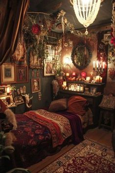 a bedroom decorated with candles and pictures on the wall, rugs and lights hanging from the ceiling