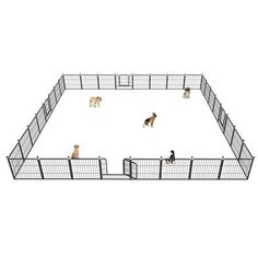 several dogs are in an enclosed area with fencing around them and one dog is standing on the other side