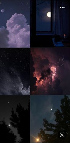 the night sky with clouds, stars and moon in different stages of flight over trees