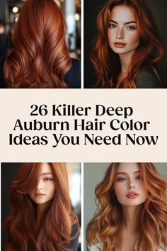 26 deep auburn hair color ideas with women showcasing various shades and styles. Dark Auburn Hair With Copper Highlights, Red And Auburn Hair Color, Rusty Red Hair Color, Red Hair Color Pale Skin, Cowboy Copper Hair Fair Skin, Strawberry Auburn Hair, Dark Auburn Red Hair Color, Auburn Hair With Balayage, Red Hair Shades Chart