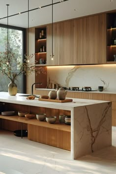 a large kitchen with wooden cabinets and marble counter tops, along with an island in the middle