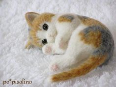 an orange and white cat laying on top of a white blanket