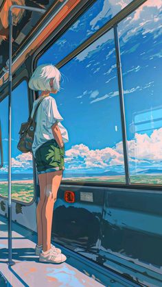 a woman standing on the side of a train looking out at the sky and clouds