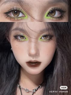 Makeup Ideas Going Out, High Visual Weight Makeup Looks, Genshin Inspired Makeup, Eye Makeup Ideas Aesthetic, Under Eye Makeup Looks, K Pop Makeup Looks, Kpop Concert Makeup Ideas, Black And Green Makeup, Asexual Makeup