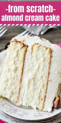 a slice of cake on a plate with the words from scratch - almond cream cake