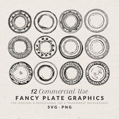 12 fancy plate graphics for commercial use, hand drawn and inked by sv - png