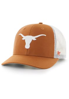 This Texas Longhorns Burnt Orange Adjustable Hat features a front embroidered team logo on a structured matching crown and visor with contrast trucker mesh. 47 Brand Trucker Hat, Front embroidered team logo, Matching crown and visor, Contrast trucker mesh, Snap closure, Cotton/Poly Blend, Wipe clean with cloth or cleaning kit, 4 Hook Em Horns, Hat Display, Western Style Outfits, Team Gear, Texas Longhorns, 47 Brand, Cute Hats, Kids Hats, Cleaning Kit