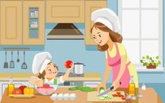 mother and daughter preparing food in the kitchen with an apron on her head, cooking