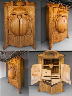 four different views of a wooden cabinet with drawers