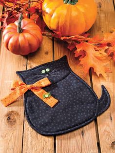 an image of a cat purse on the wooden floor with pumpkins and leaves in the background