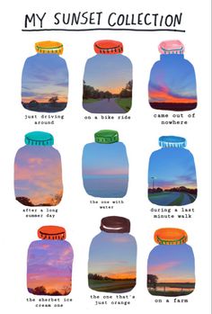 a poster with different images of sunsets and clouds in mason jars on white paper