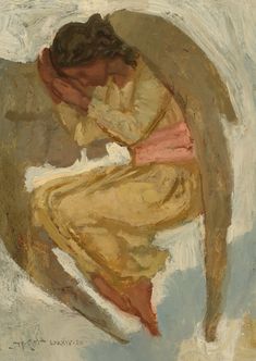 a painting of an angel sitting on the ground