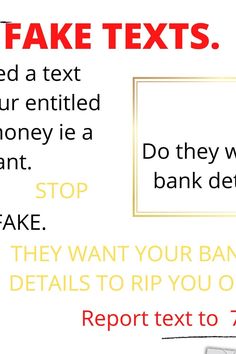 an advertisement with the words fake texts written in red and yellow on it, along with a photo of a bank teller