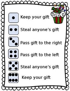 a printable gift card with four dices and a present on the back side