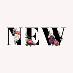 the word new written in black and white with colorful flowers on it's letters